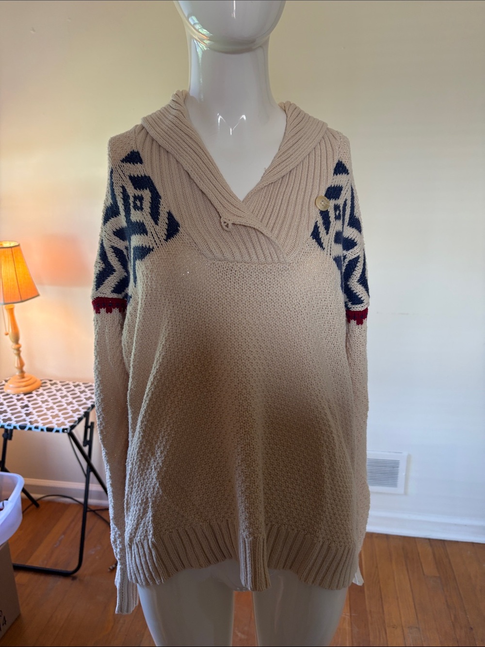 Champs Cream Knit Shawl-Collar Sweater with Blue Pattern and Red Trim